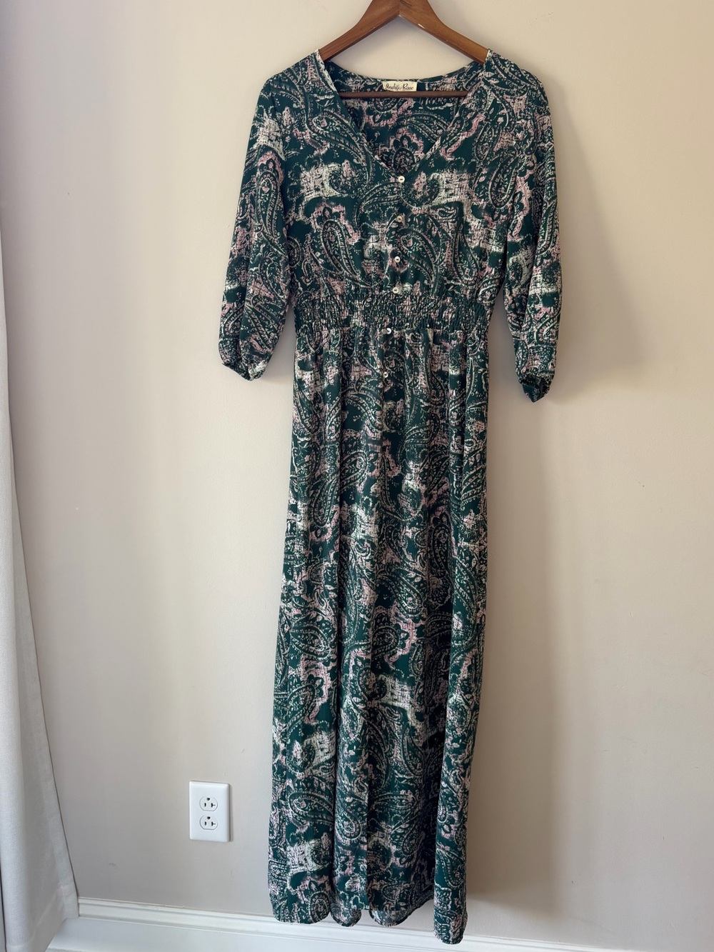 Indigo Rose Green and Pink Paisley Button-Front Maxi Dress with Elastic Waist